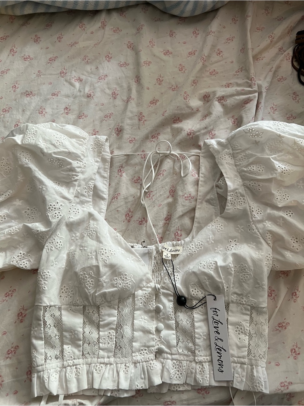 For Love & Lemons White Eyelet Puff-Sleeve Cropped Blouse